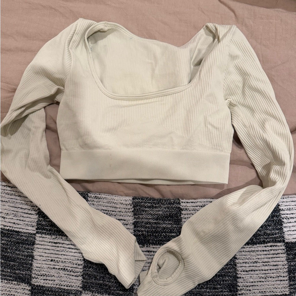 Cream Ribbed Long Sleeve Top